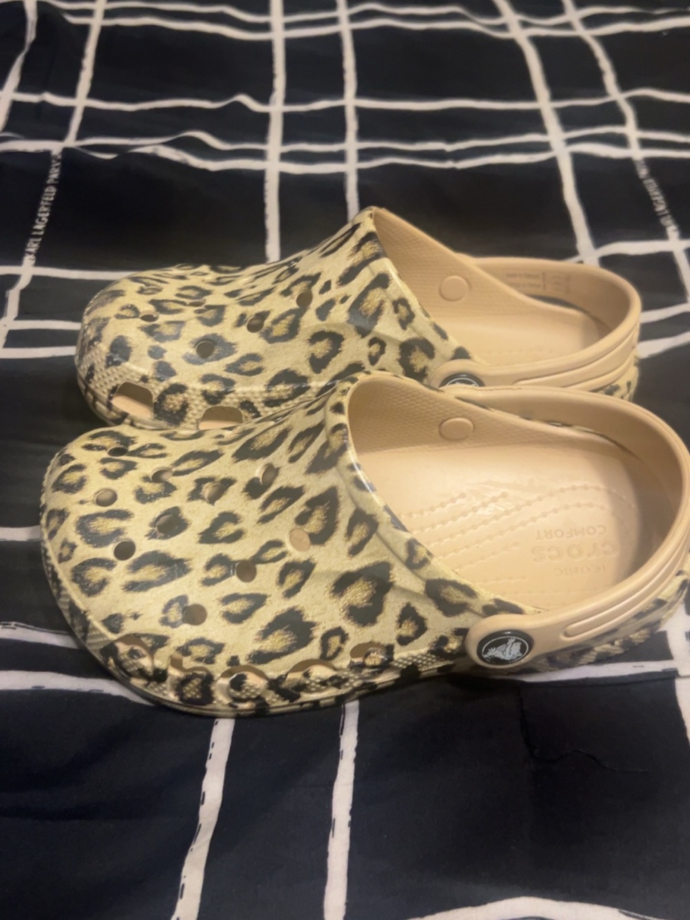 CROCS Kids Leopard Print Clogs in Tan and Black